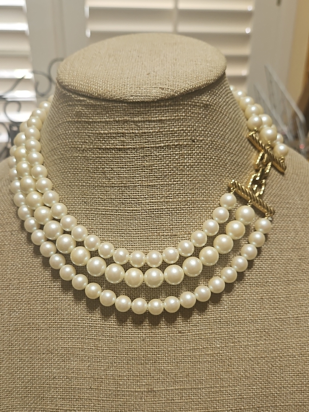 Givenchy Triple Strand Faux Pearl Necklace in Cream with Gold Hardware